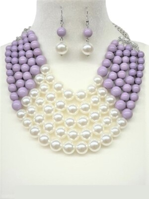 LAYER LAVENDER PURPLE WHITE PEARL BEADED NECKLACE SET 0175