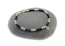 Anklet Black Onyx 925 Sterling Silver Beads Heart Charm Clasp Handmade Gift