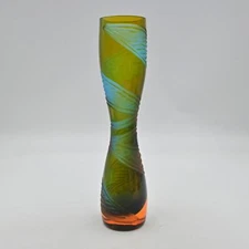 Murano Style Art Glass Hourglass Shape Vase MCM Turquoise Swirls Amber Retro