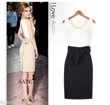 Split Back Wedding Evening Party Dress White Top w/ Black or Apricot Skirt 6001