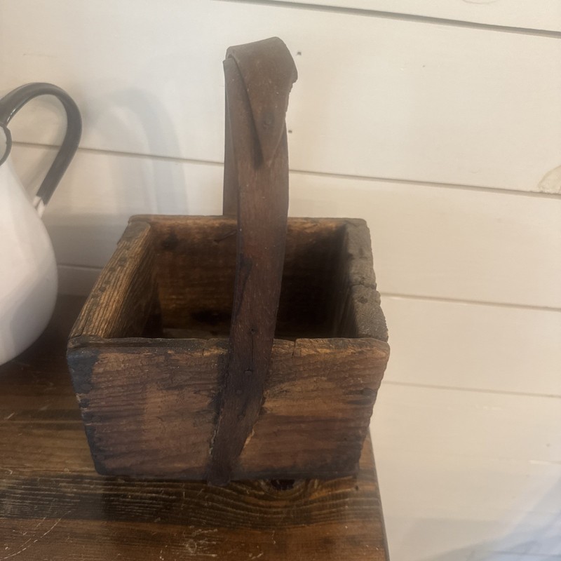 Antique Primitive Wood Berry, Rice Grain Bucket with Wrapped Handle