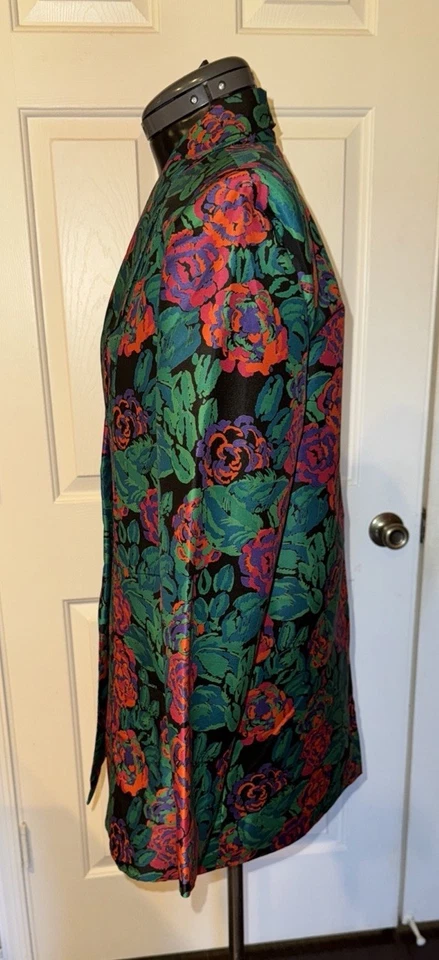 Blazer abierto de colección 100 % pura seda tailandesa hecha a mano VERDE FLORAL chaqueta para mujer 12 usado en excelente estado Foto 4 de 4