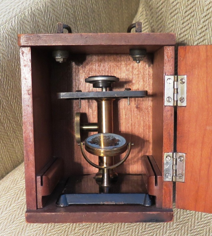 Rare 1880s Bausch & Lomb Field Microscope with walnut case, accessories