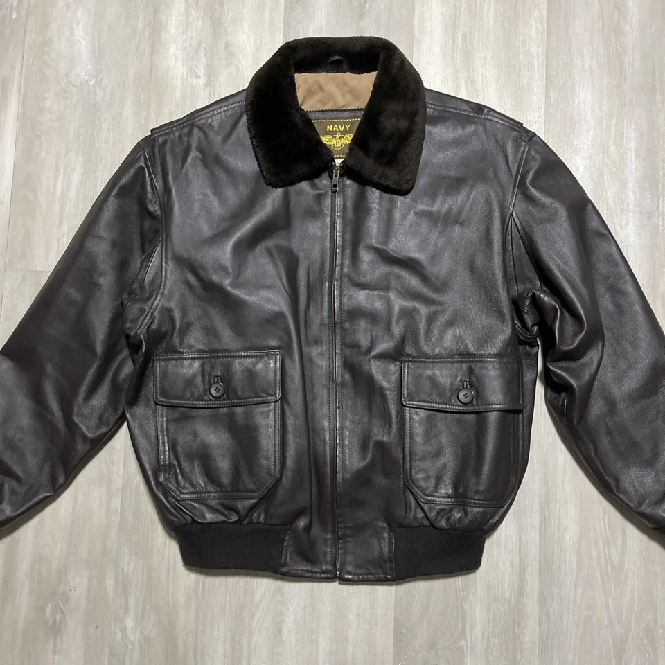 Chaqueta de bombardero de cuero de desembarco de la Marina de los Estados Unidos USN marrón talla MEDIANA BANDERA DE EE. UU. Foto 3 de 4