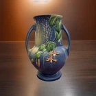 Beautiful Vintage Blue Fushia Roseville 898 Double Handle Vase 8.25”tall 1930’s