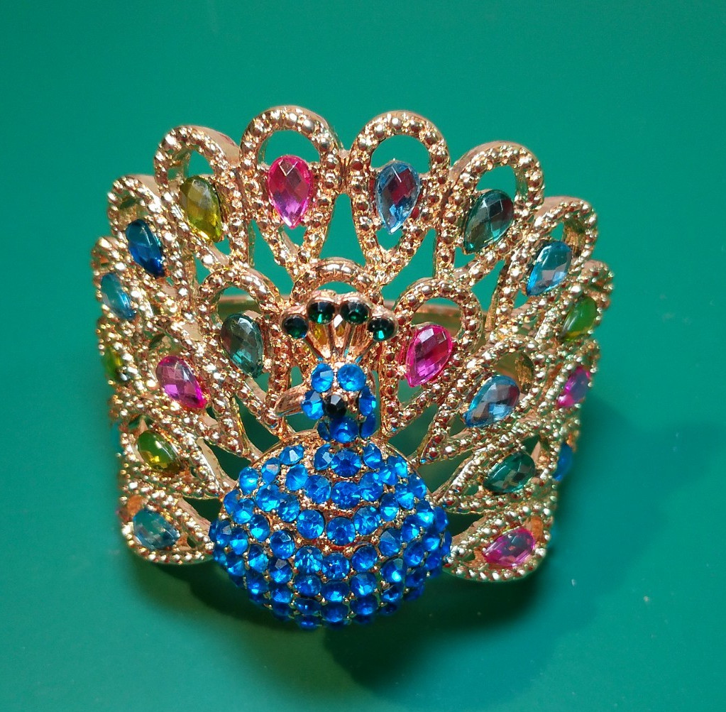 Multi-Colored Rhinestone Peacock Hinged Cuff Brac… - image 1