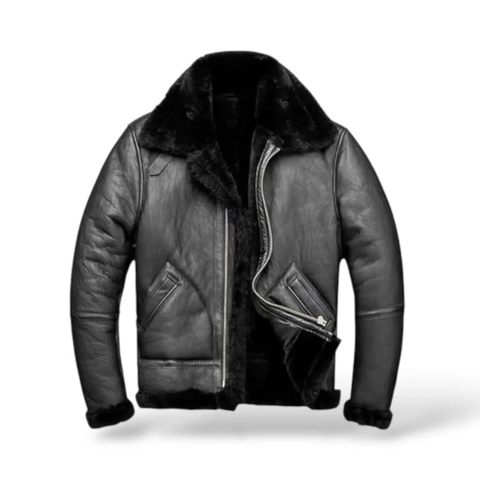 Premium Black Leather sheepskin Aviator Jacket Men's B3 Flight Pilot Fur Coatsh