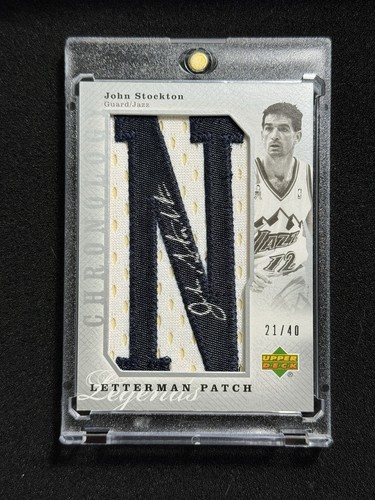 John Stockton 2006-07 UD Chronology #/40 Letterman Patch Auto “N” Jazz HOF Patch