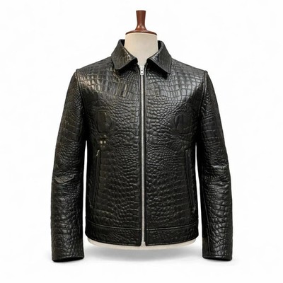 Men Black Crocodile Embossed Leather Jacket Biker Zip Slim Fit Fashion Coat
