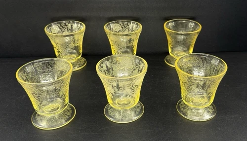 Hazel Atlas Florentine Poppy Footed Juice Tumbler Yellow Depression Glass Set 6