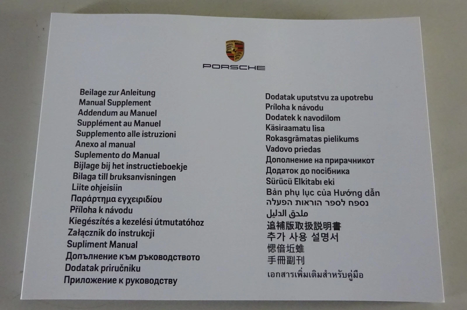 Side Dish To Operating Instructions/Manual Porsche Panamera Model Year 2019