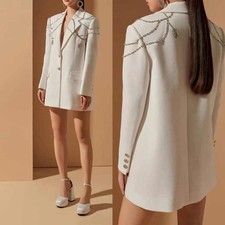 Modern Women Beaded Suit Single Breasted Jacket Crystals Pants Formal Elegant