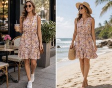 LOFT Floral Sleeveless Dress Small Pink Boho Ruffle Hem Button Front Summer