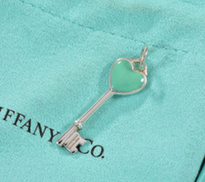 Tiffany  Co Silver 1.25" Blue Enamel Heart Key Charm Pendant in Pouch Rare Love