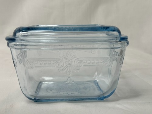 Fire King Vintage Glass Refrigerator Dish With Lid Clear/Blue Philbe 5" MCM (2) - Picture 6 of 11