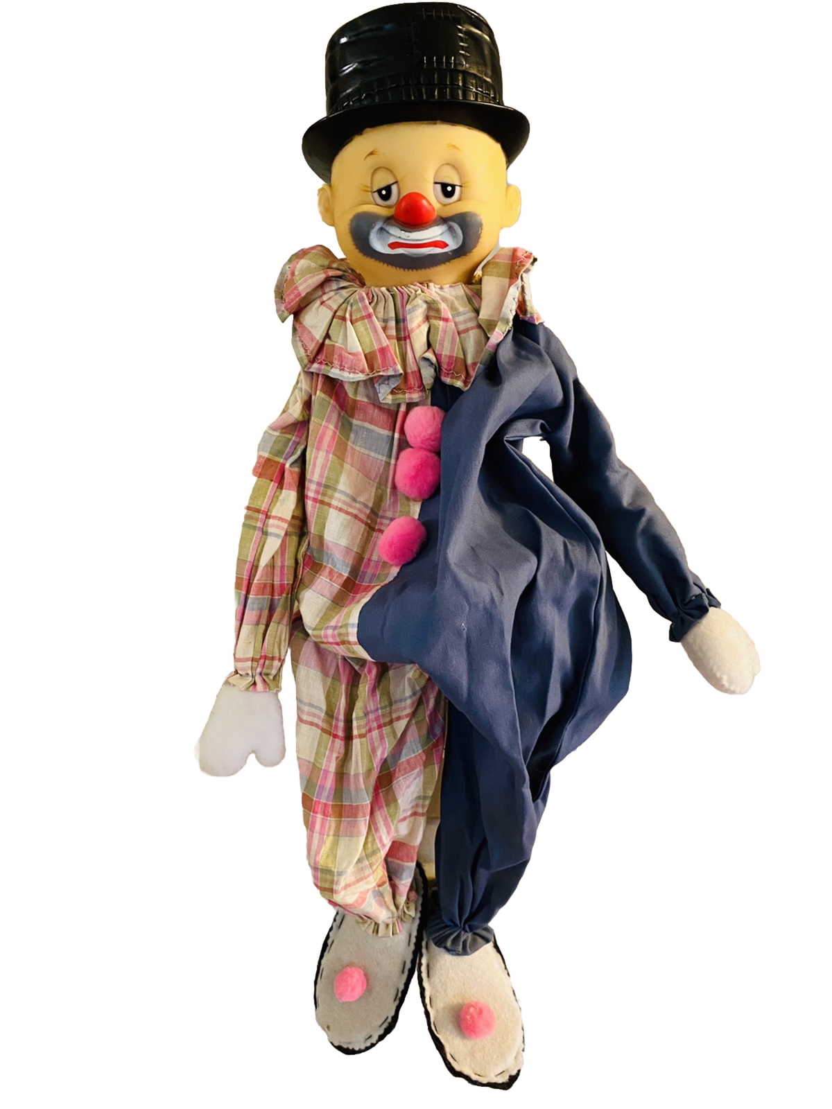 Vintage Handmade Clown Doll Shelf Sitter with Wood Block Body Blue Pink Plaid 25 Inch Toy