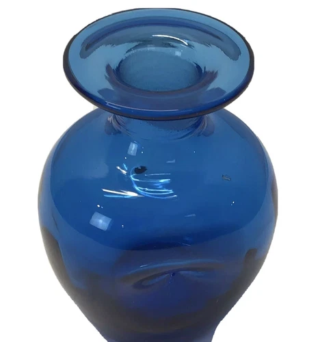 Cobalt Blue Vase Blenko? Hand Blown Art Glass Squish Middle 5” Heavy