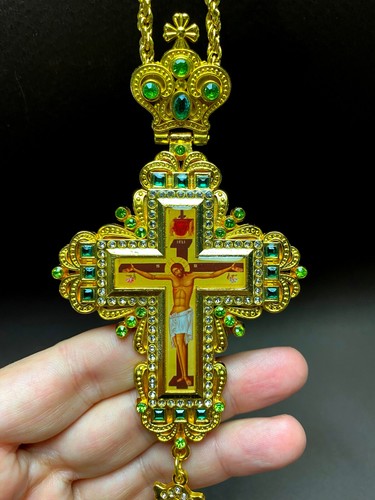 Greek Russian Orthodox Priest Pectoral Cross Pendant Gold Plated Green Stones - Picture 16 of 21