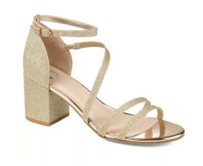 Journee Collection Bella Open Toe Mid Block Heel Pumps Gold