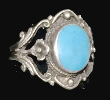 Vintage Blue Stone Flower Ring Sterling Silver Pinky Girls Ring Size 5.50