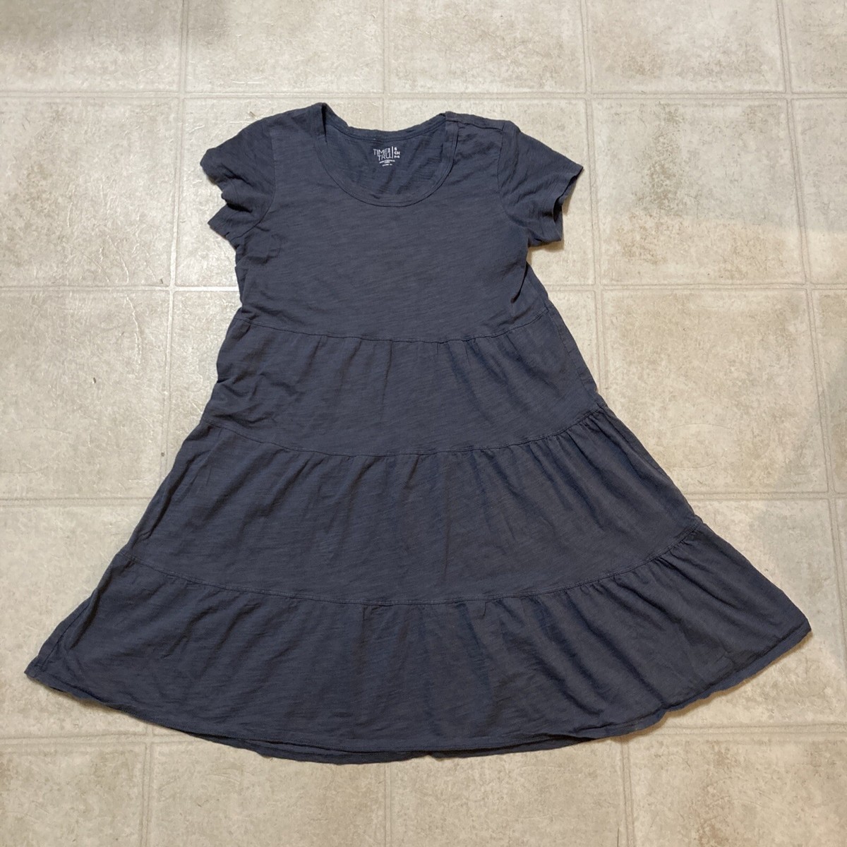 Time and Tru Short Sleeve T-Shirt Swing Dress Dark Grey Blue Sz Small Ruffle