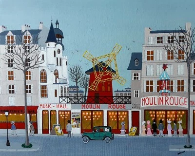 Gabriel Donnet "Le Bal du Moulin Rouge" Tableau naïf original - - Photo 1/2
