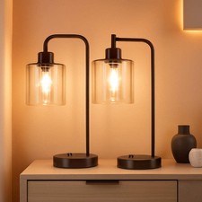 Brown Table Lamps 3-Way Dimmable With USB Ports Set Of 2