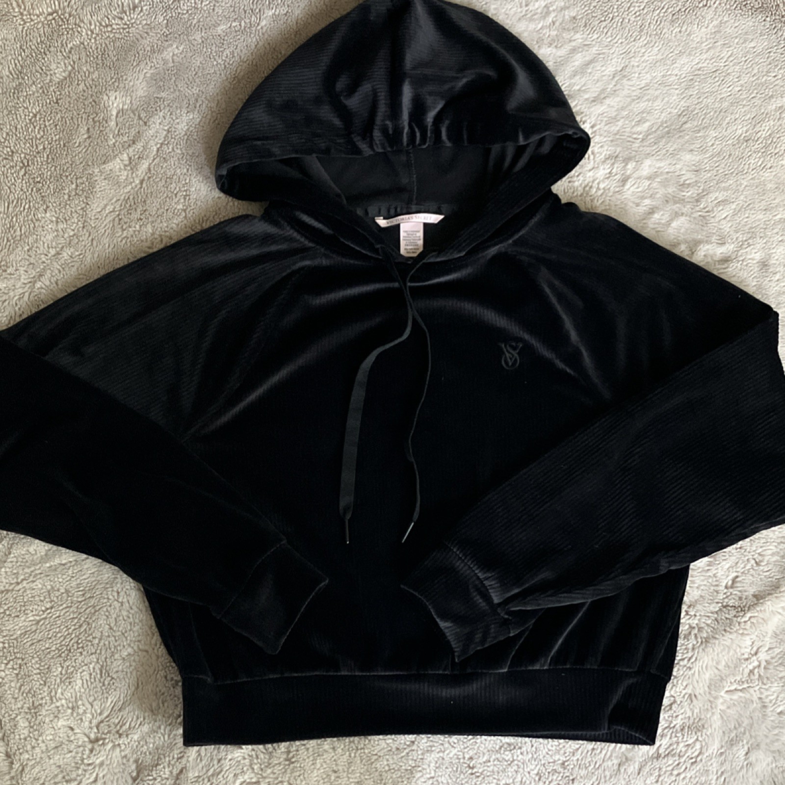 Victoria's Secret Black Velour  Ribbed Pullover Hoodie Size Xs Logo