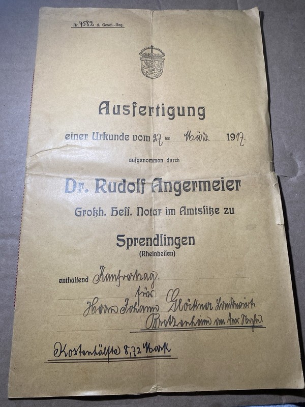 1917 German Real Estate Deed - Notarized Contract - Sprendlingen/Bretzenheim