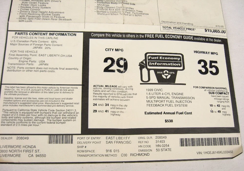 Honda Civic EX VTEC 1999 1,6 L 5 velocidades genuino original Monroney pegatina ventana Foto 4 de 4