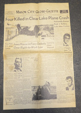 1959 Buddy Holly Big Bopper Ritchie Valens Death Newspaper Mason City Iowa Surf