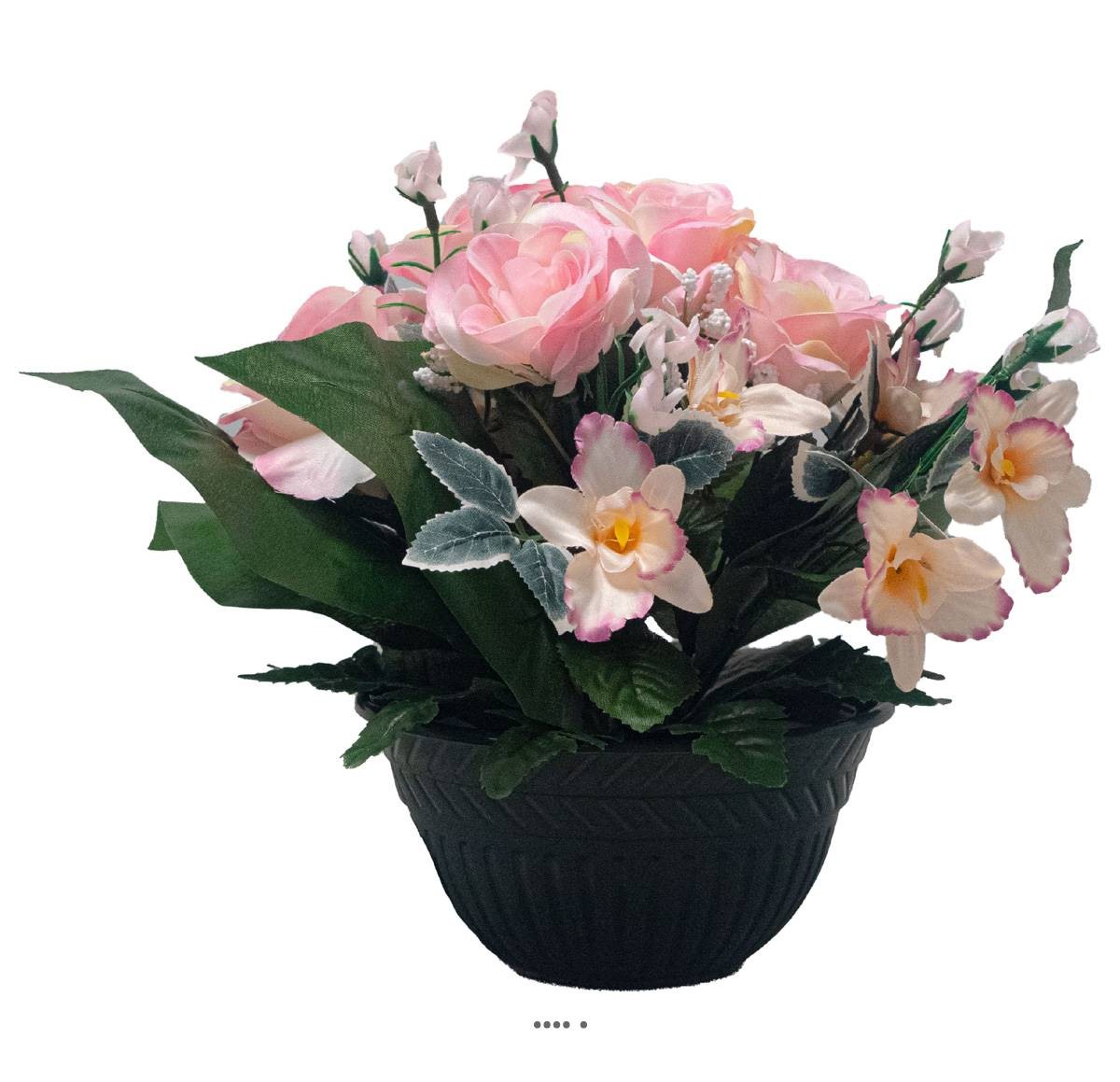 Vasque de fleurs de cimetière premium : roses artificielles au réalisme saisissant D 30 cm