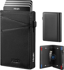 Men'S Slim Premium Leather Wallet Pop up Card Holder RFID Blocking Metal Wallet 