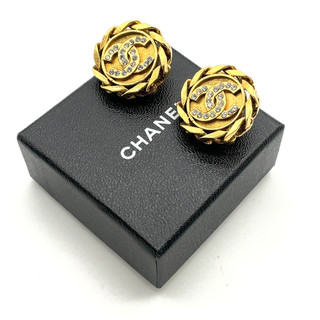 Auth CHANEL Vintage Coco Mark Rhinestone Earrings 2_3 Engraved W/Box SK020033