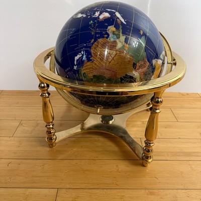 17'' Decorative Gemstone Inlaid World Globe Lapis Lazuli W/ Solid Brass Three.