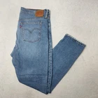 Levis 501 Jeans Womens 32x31 Blue Straight Light Denim Distressed Button Fly