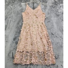 XSCAPE Dress Womens 10 Pink 3D Floral Beaded Appliqué Midi Fit Flare V-Neck Back