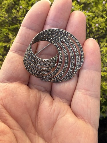 Vintage Sterling Silver 925 & Marcasite Swirl Brooch Stamped Pin Art Deco Style