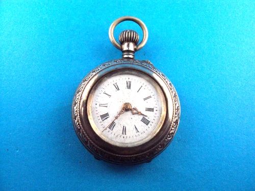 ANTIQUE FANCY 800 SILVER SWISS MADE POCKET WATCH--REPAIR--TROPICAL ETCHED