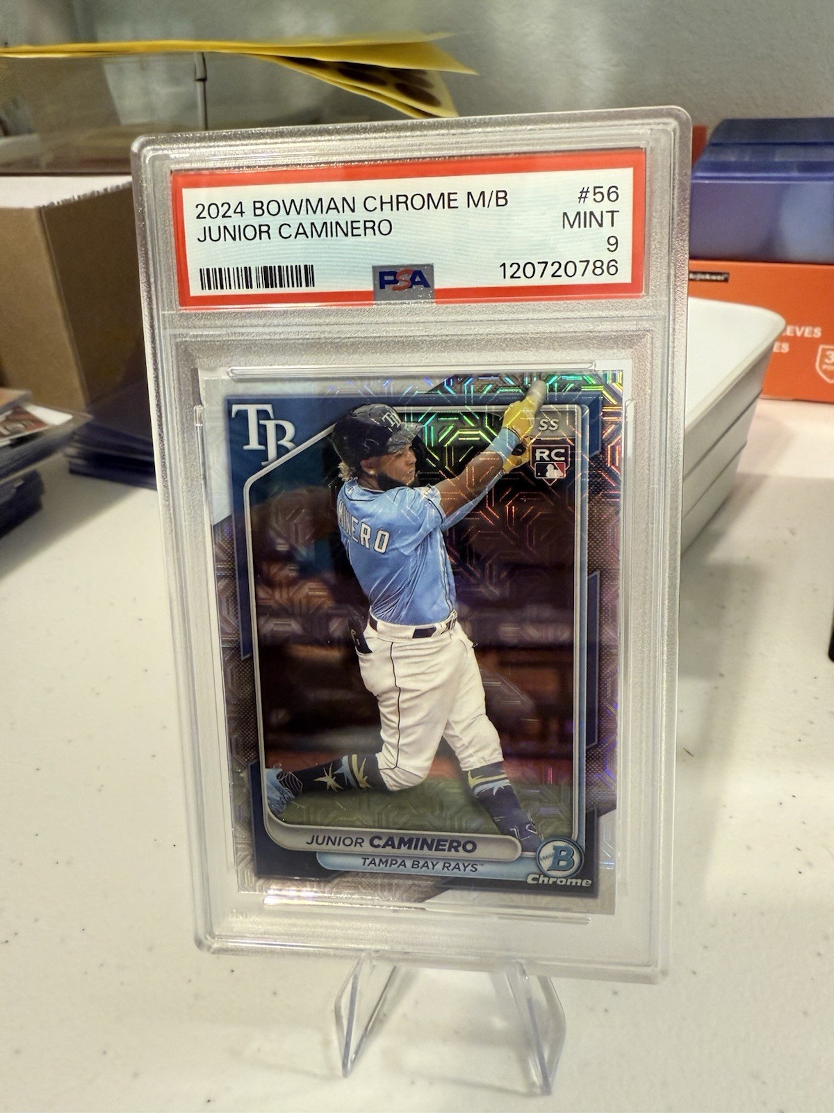 2024 Bowman Chrome 56 Junior Caminero Mojo Refractor PSA Mint 9 Rays RC
