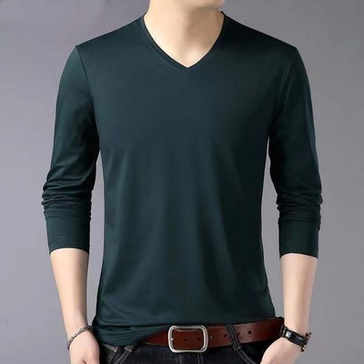 Einfaches einfarbiges V-Ausschnitt T-Shirt Langarm dünn schmal lässig Pullover für Herren
