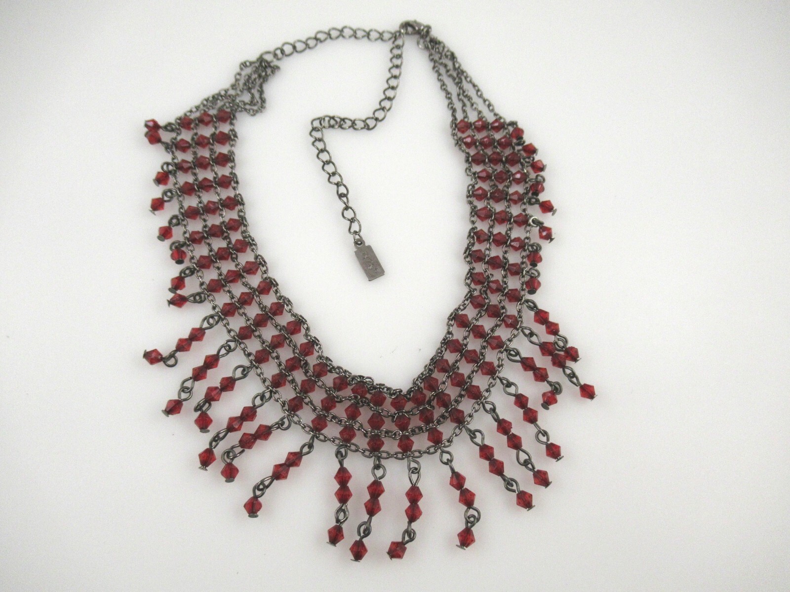 Signed 1928 Red Beaded Fringe Collar Necklace 17" Adj… Gem