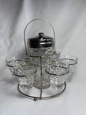 Vtg Jeanette Clear Chantilly Cocktail Shaker In Handled Caddy With 6 Glasses