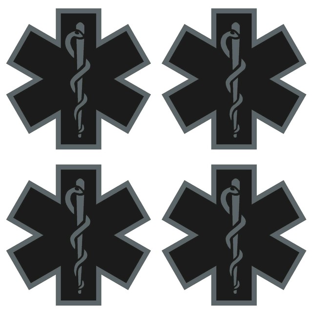 FOUR Black Subdued Reflective Star Of Life Fire Helmet Decal EMS EMT 2