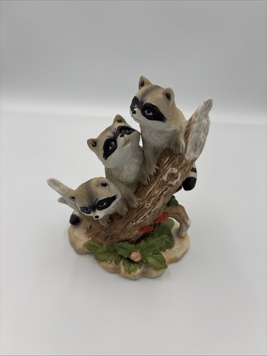 Three Raccoon Statue HOMCO Three Raccoons Figurine On Stump Porcelain Bisque 6