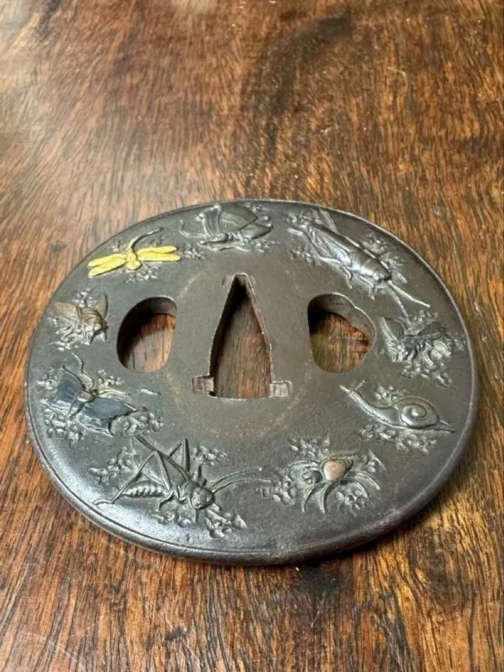 Antique Edo Era Dragonfly Gold Inlay Tsuba Japanese Samurai Sword Katana Guard - Image 4 of 4