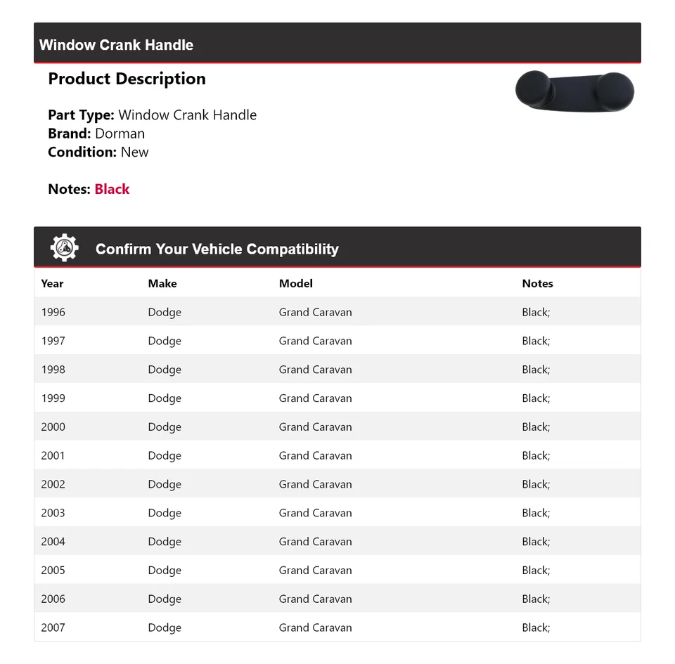 适用于 1996 - 2007 年道奇 Grand Caravan Dorman 车窗曲柄 1997 1998 1999 2000 — 第 2/4 张图片