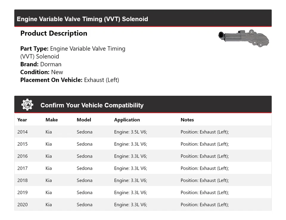 Escape solenoide VVT para motor Kia Sedona Dorman 2014-2020 (izquierda) 2015 2016 Foto 2 de 4