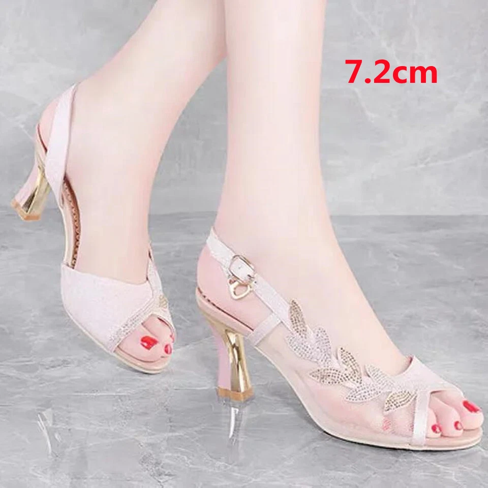 Women Party Crystal High Heels Peep Toe Square Heel Pumps Sandals Dress Shoes