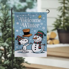 Welcome Winter Holiday Garden Flag – Cozy Snowman and Friend Design